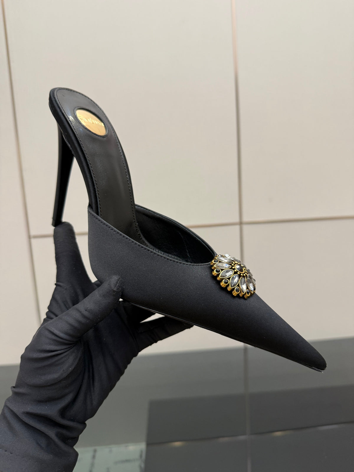 YSL Cosmo Crystal Mules 100mm Black Calfskin Leather 894619