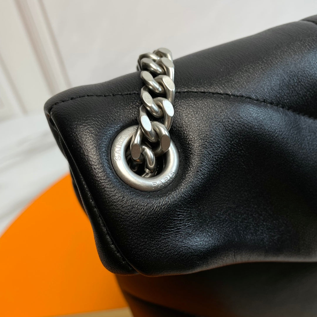 YSL Loulou Puffer Medium Bag 35cm Black Sliver Glossy Leather
