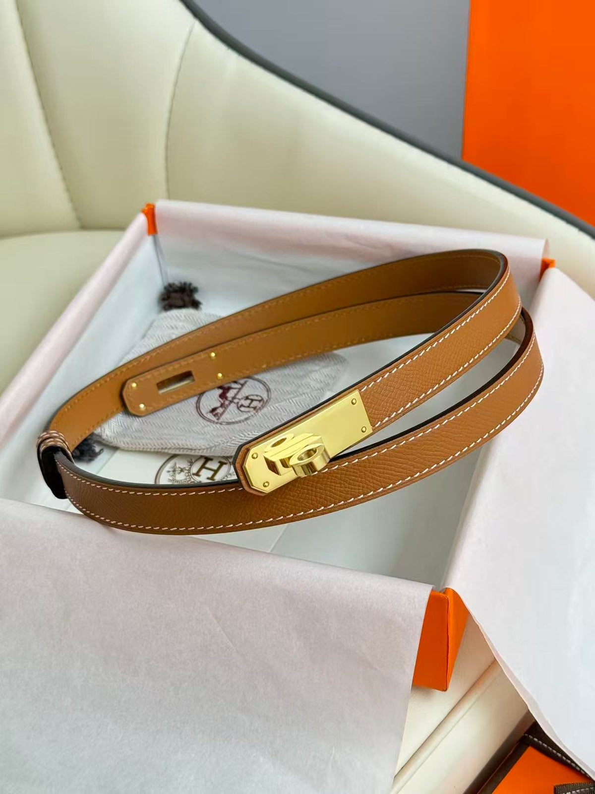 HM Kelly Belt 18mm Brown Epsom Leather GHW