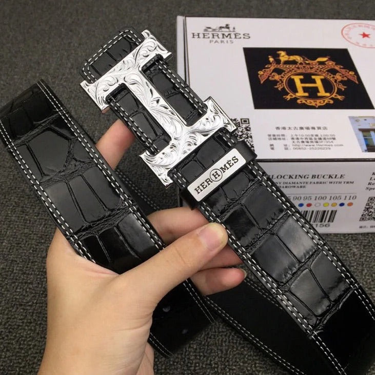 HM Belt 38mm Black Crocodile Embossed Silver Buckle Leather 619362