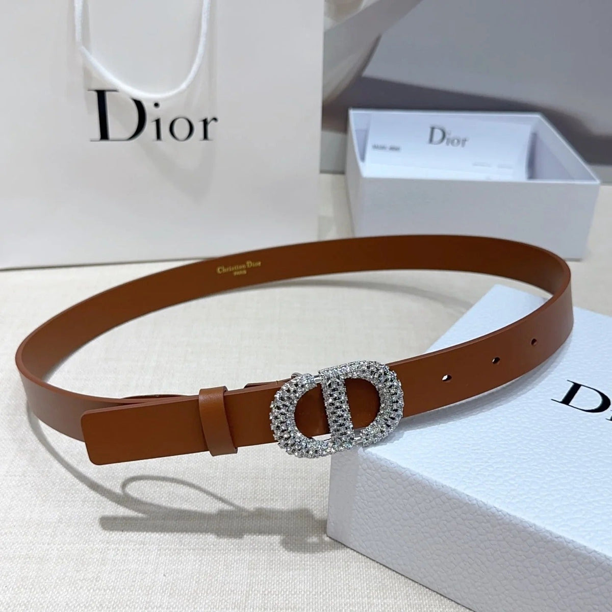 Dior 2026 Rhinestones Buckle Belt 25mm Cowhide 196490