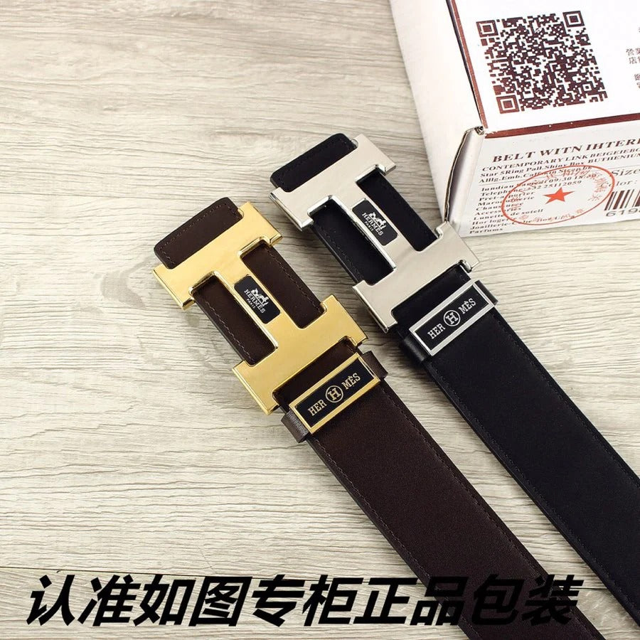 HM Double-sided Belt 38mm Black Cowhide Sliver Buckle 620362