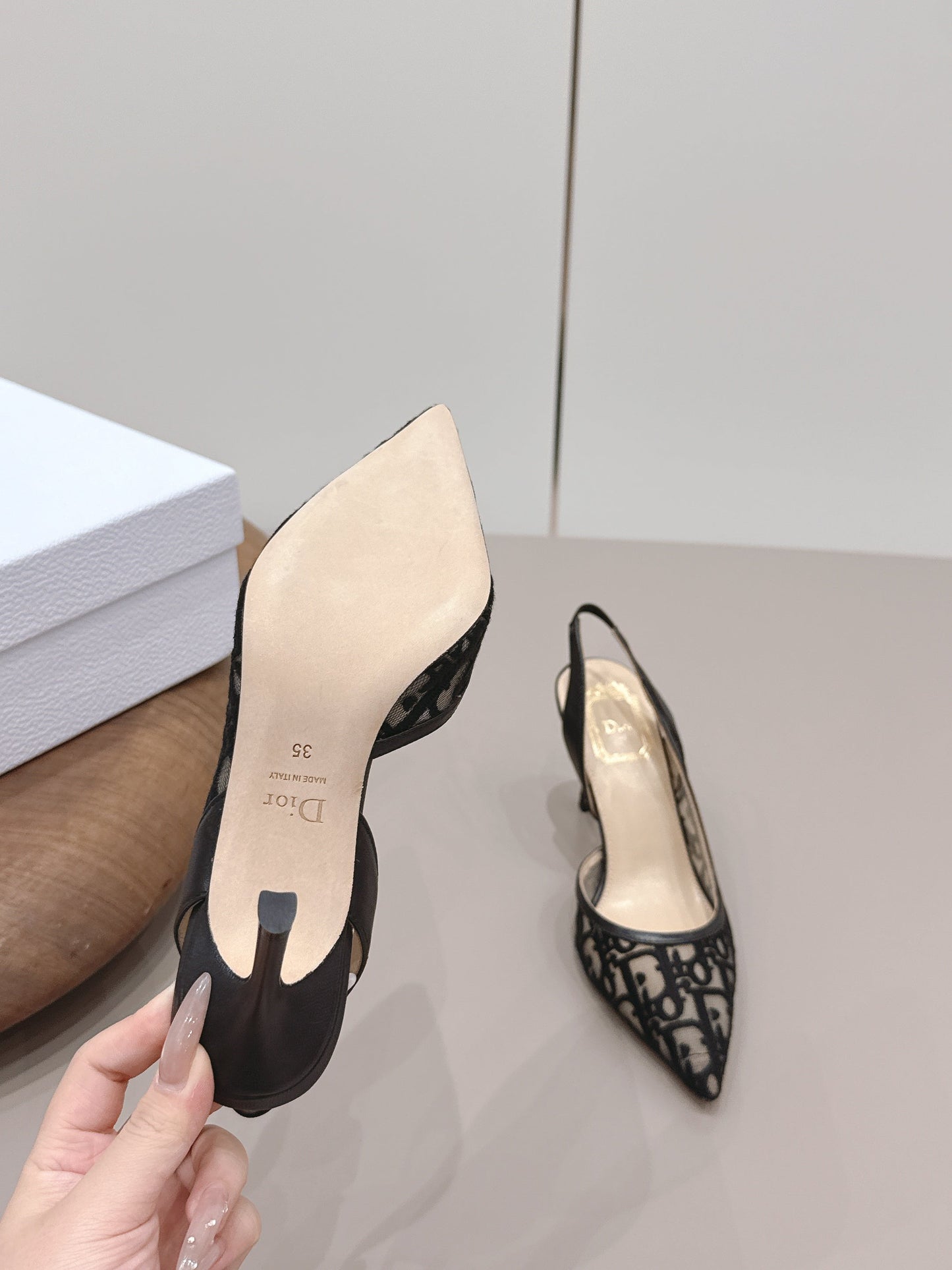 CD 26s Adiorable Slingback Pumps 8cm Black Beige Mesh Sheepskin