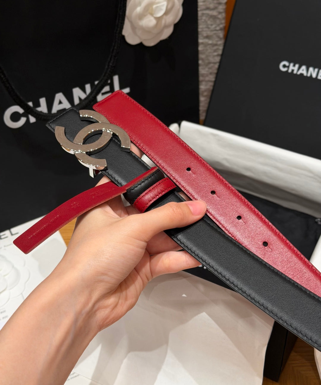 CC 26s Belt 3cm Burgundy Black Leather 213851