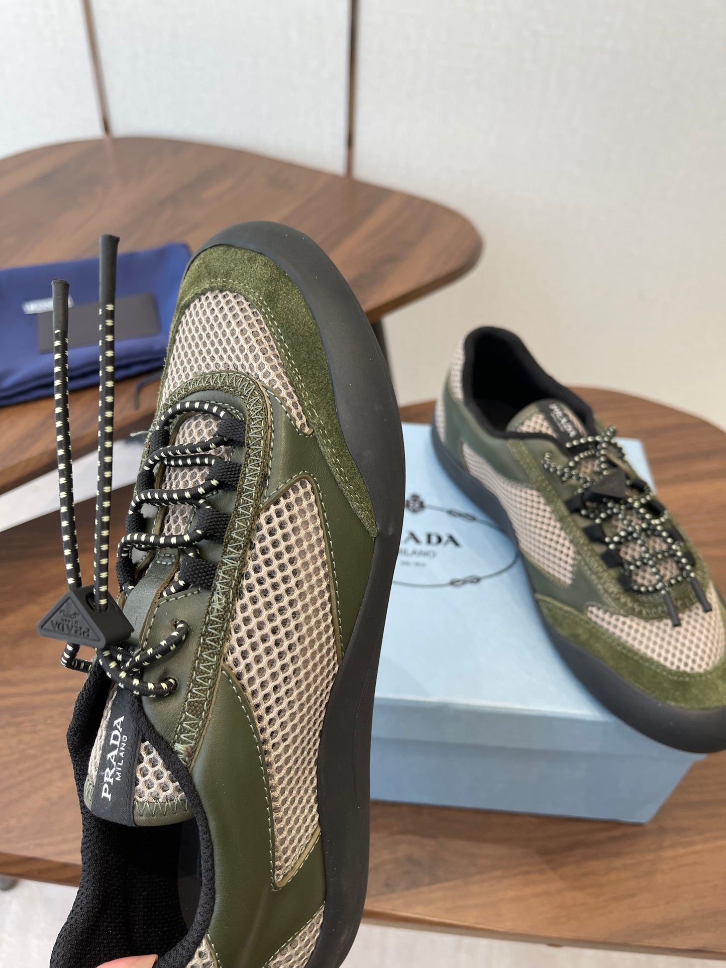 Prada Speedrock Sneakers Olive Green Mesh Fabric 727600