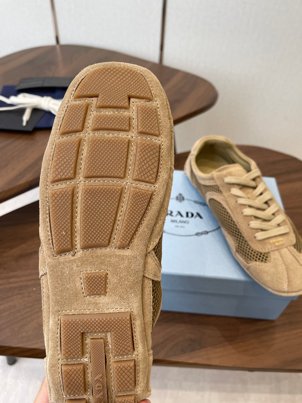 Prada Low-Top Sneakers Beige Mesh Suede 727613