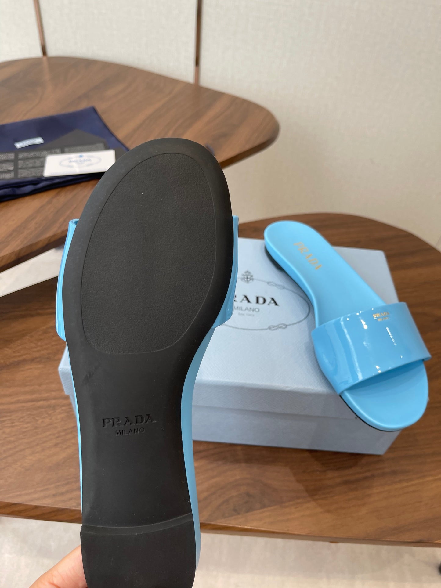 Prada Logo Slides Light Blue Patent Leather 727619