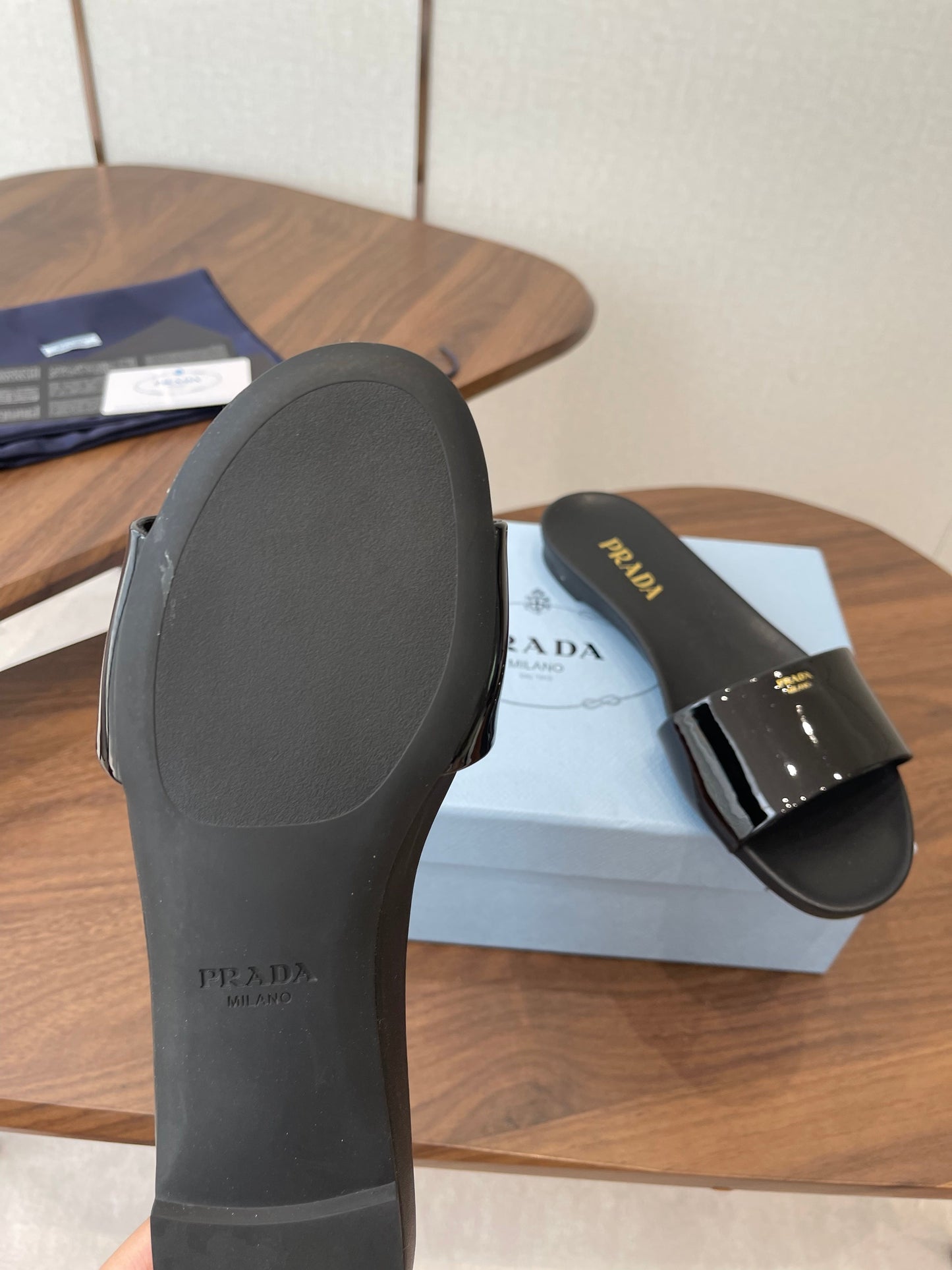 Prada Logo Slides Black Patent Leather 727621