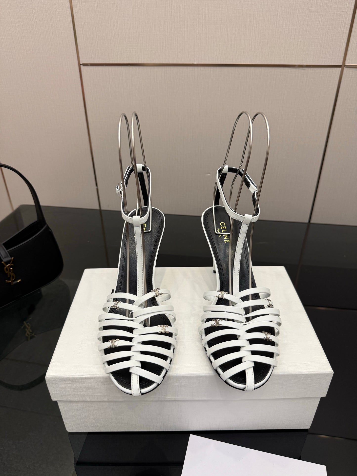 Celine Cage Heeled Sandal 9cm White Calfskin 725648