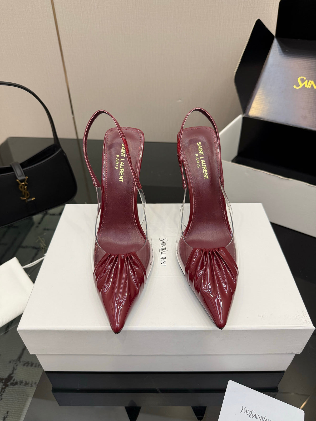 YSL Chica Slingback 10.5cm Burgundy Leather 828237