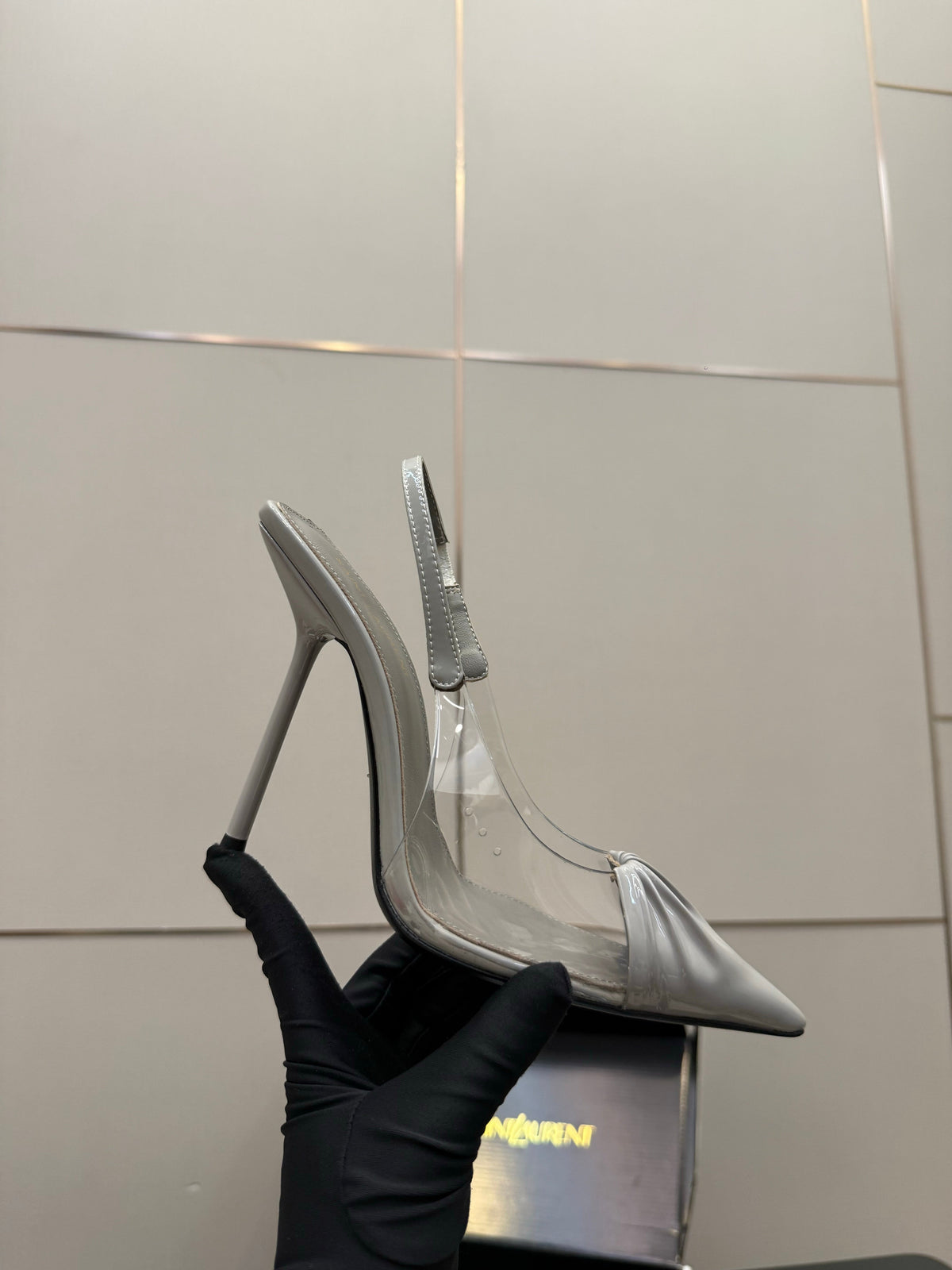 YSL Chica Slingback 10.5cm Grey Leather 828242