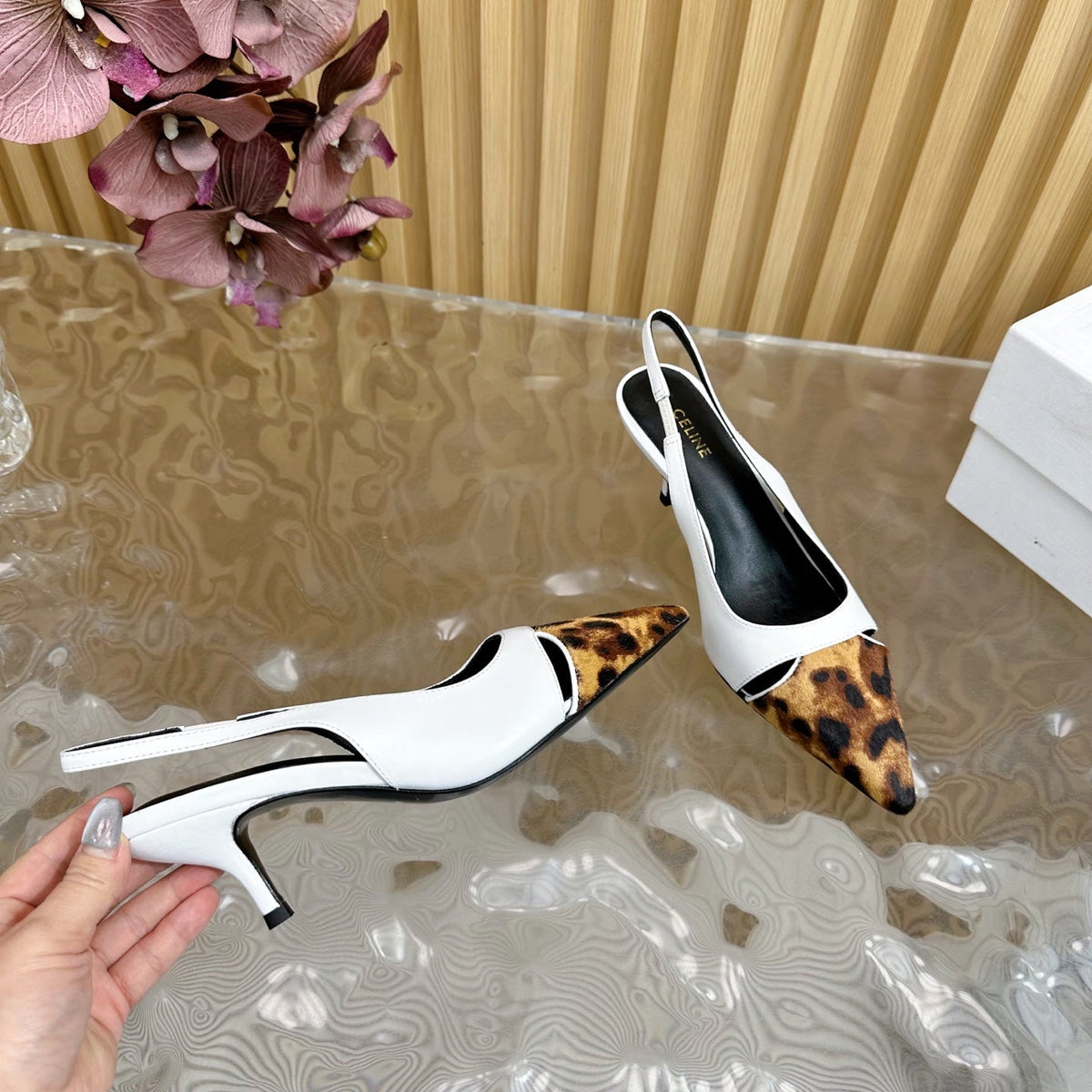 CL Judy Cap Toe Skingback 60mm In White Calfskin And Leopard Printed Hairy Calfskin 313781