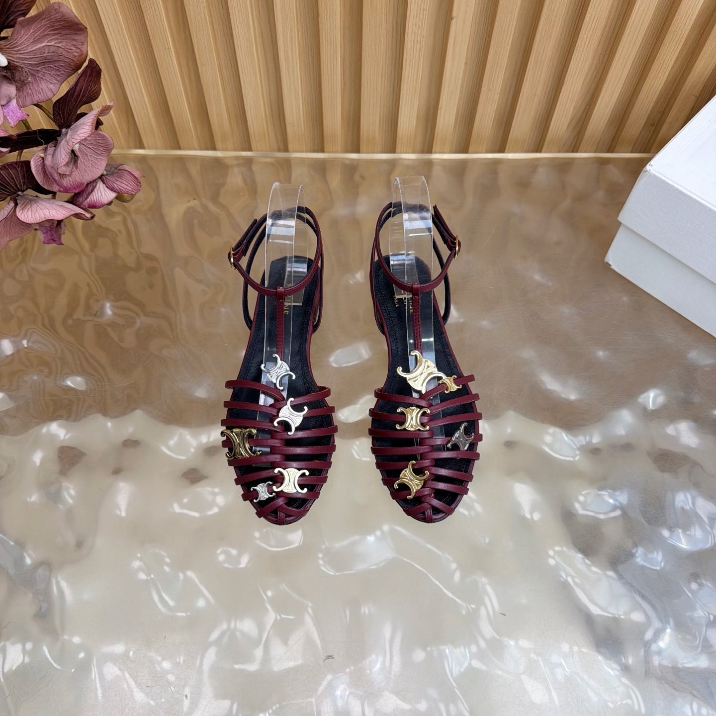 Celine 26s Cage Flat Sandals Burgundy Lambskin 898122
