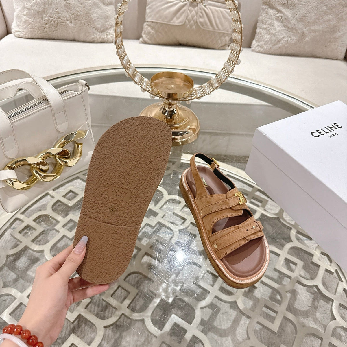Celine Tippi Triomphe Sandals Brown Suede 736602