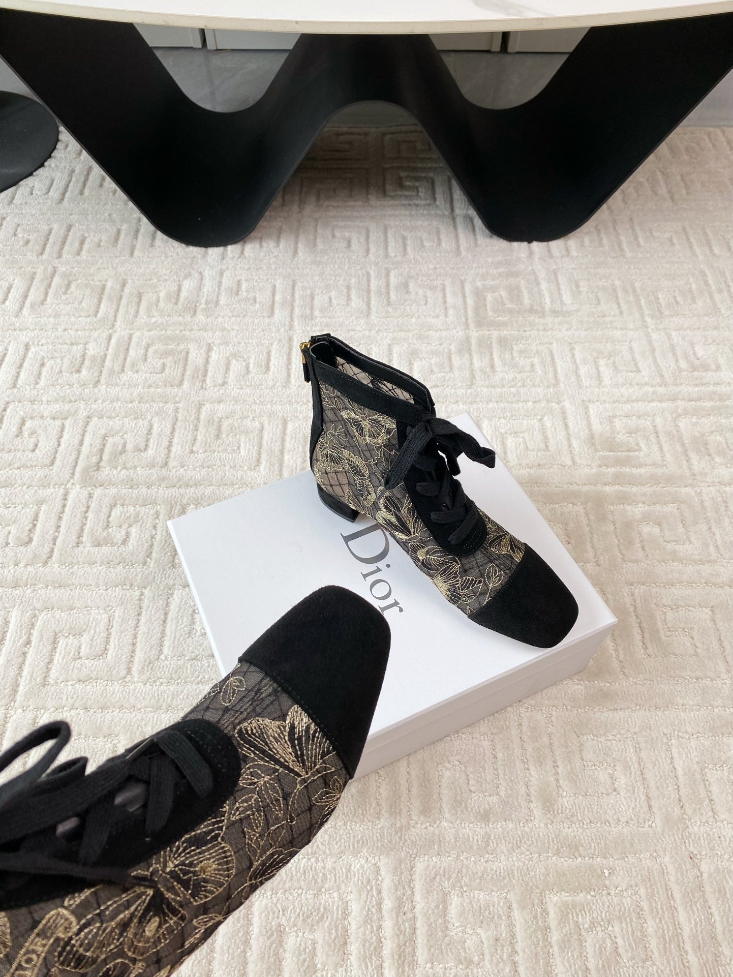CD Naughtily-D Heeled Ankle Boot Black Transparent Mesh Butterfly And Suede