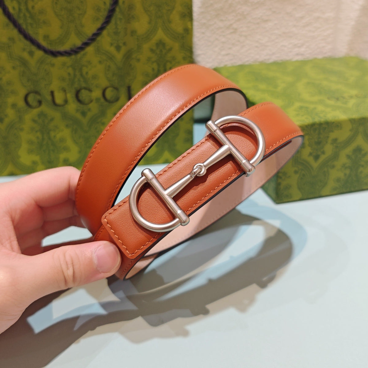 GG 3.0 Horsebit-Detailed Belt Red-Brown Sliver Smooth Leather 200191