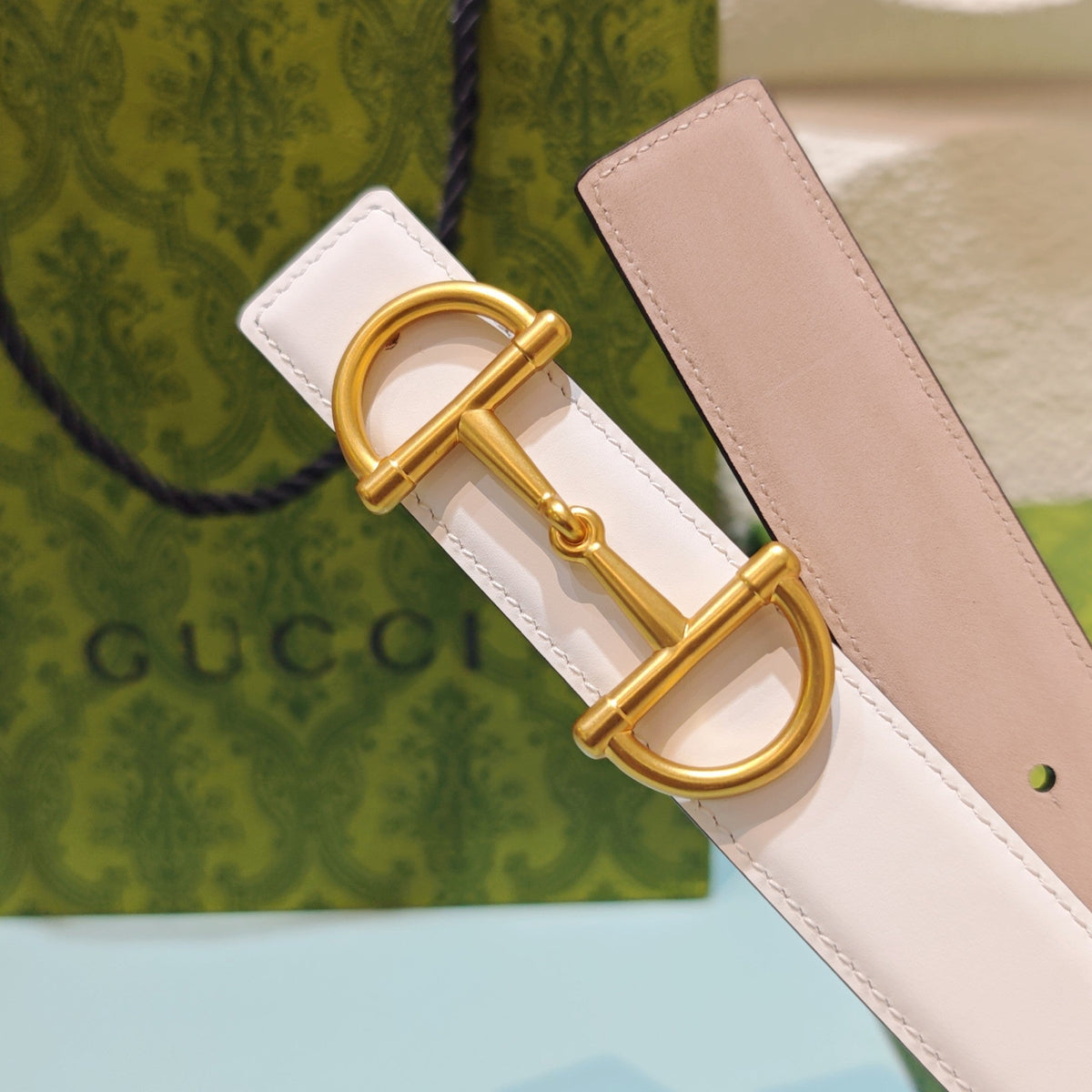 GG 3.0 Horsebit-Detailed Belt White Gold Smooth Leather 200186