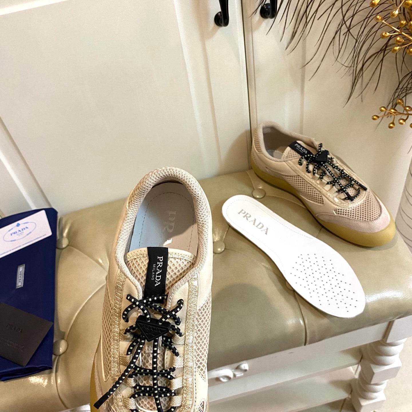 Prada 26s Lace Up Sneakers Chunky Sole In Beige Tech Fabric And Mesh