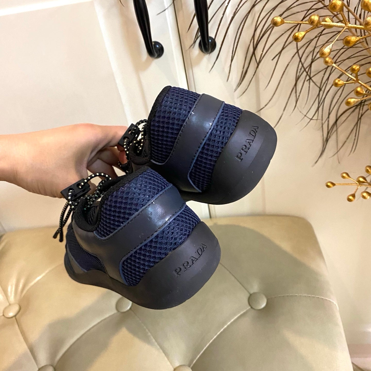 Prada 26s Lace Up Sneakers Chunky Sole In Blue Tech Fabric And Mesh