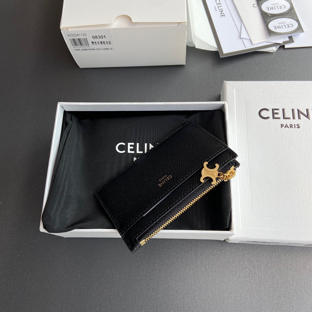 TRIOMPHE Zipped Card Holder Charms Black Grained Cowhide