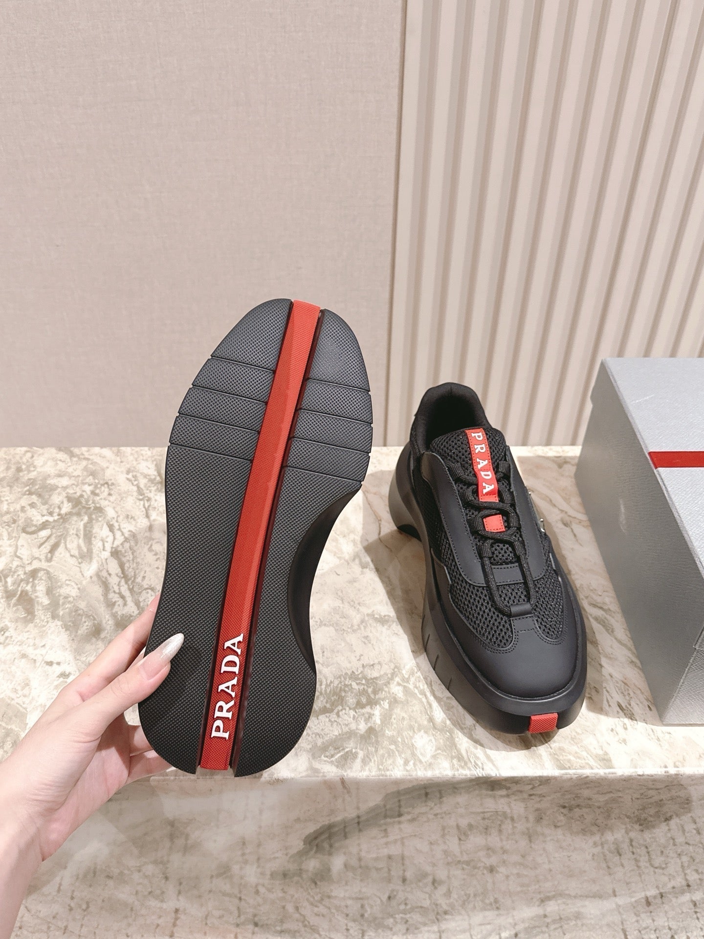PRA 25s America's Cup Sneakers Black Red Mesh & Cowhide 449691