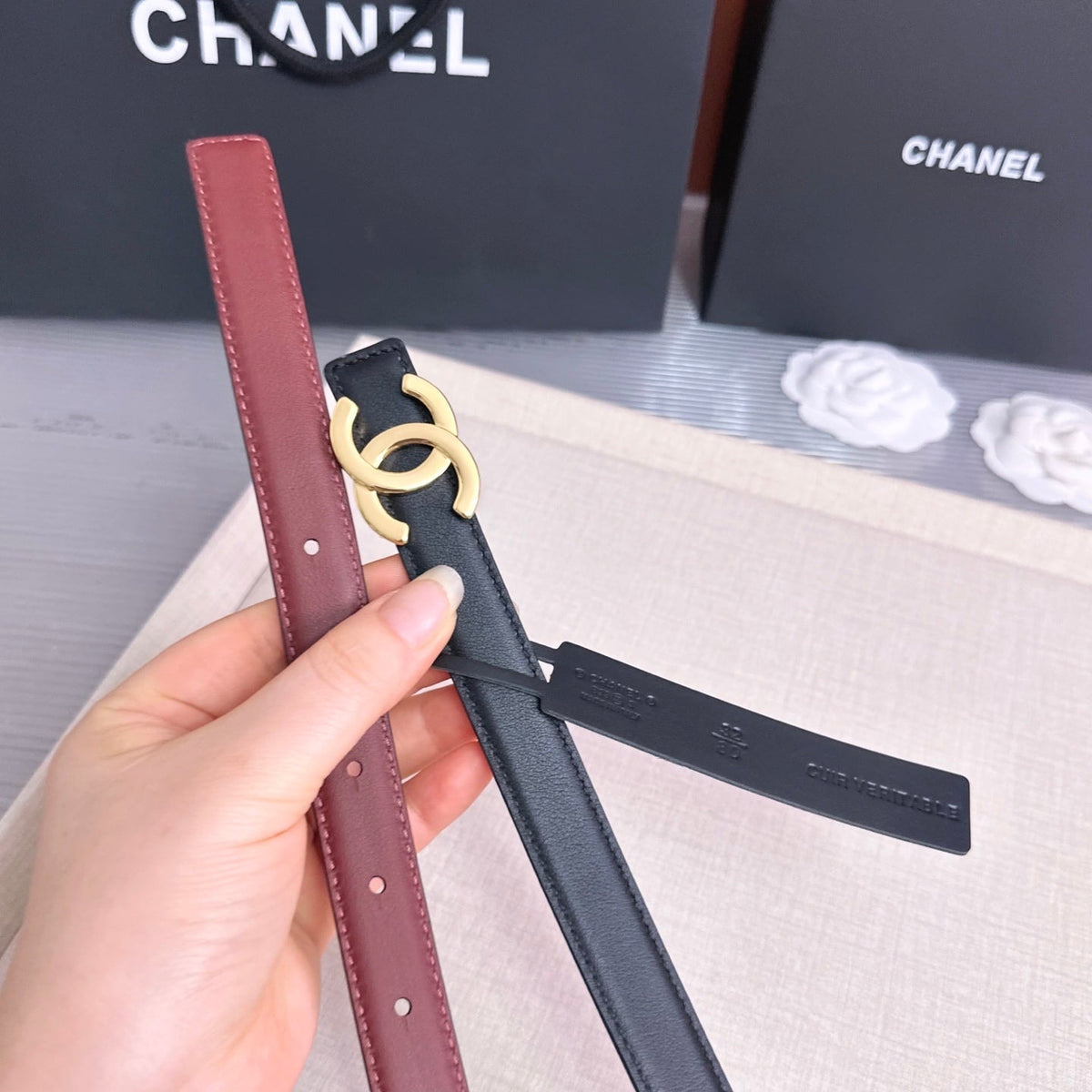 CC 26s 2cm Belt Black Burgundy Calfskin