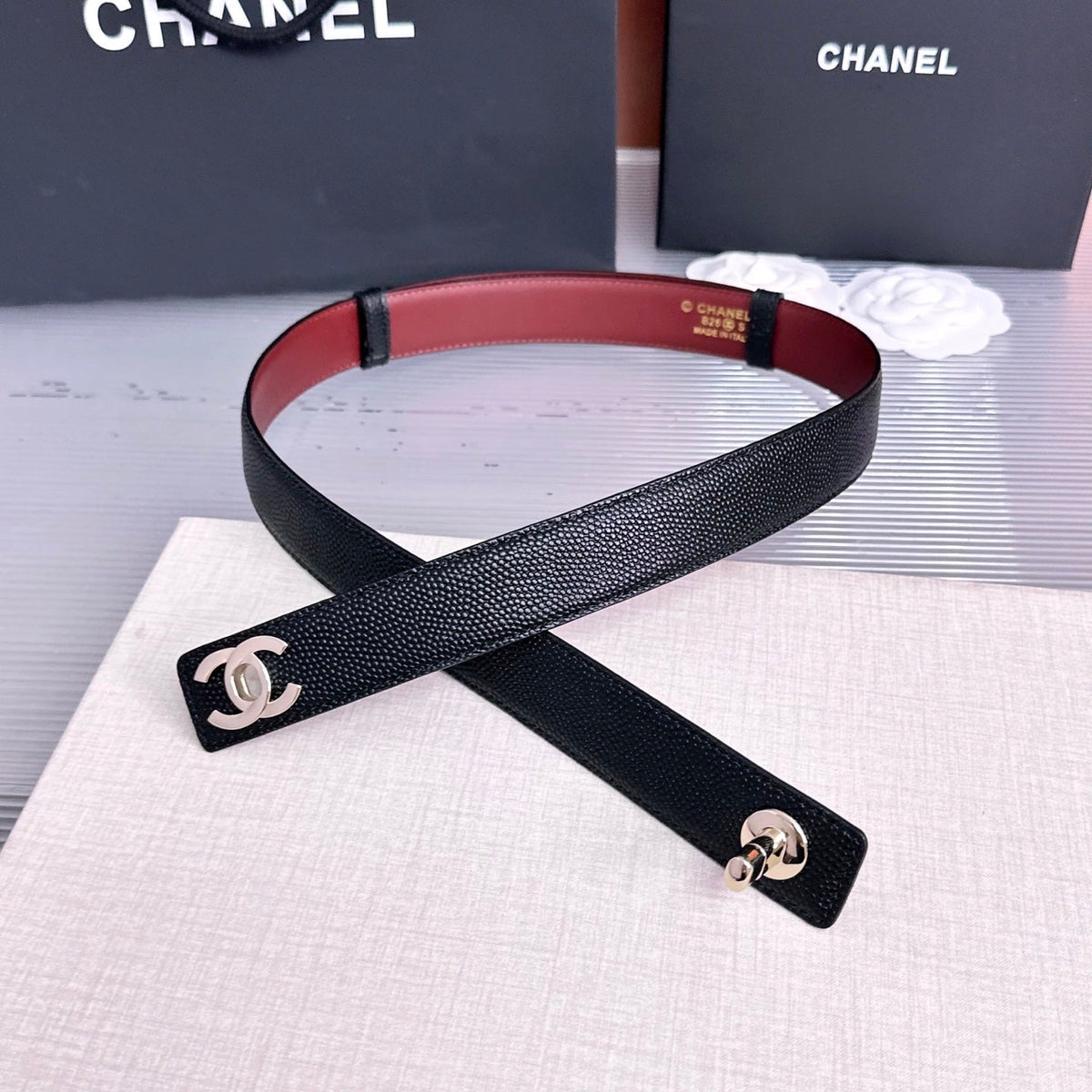 CC Fall Winter 2026 3cm Belt Black Gold Caviar Leather
