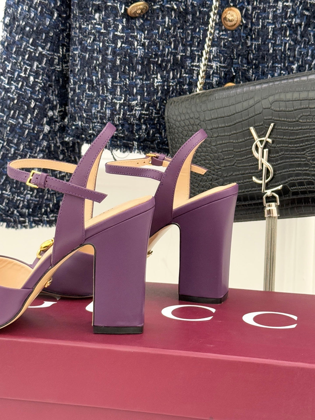 GG 26WF Chunky Heel Sandals 5cm Royal Purple Sheepskin 632558