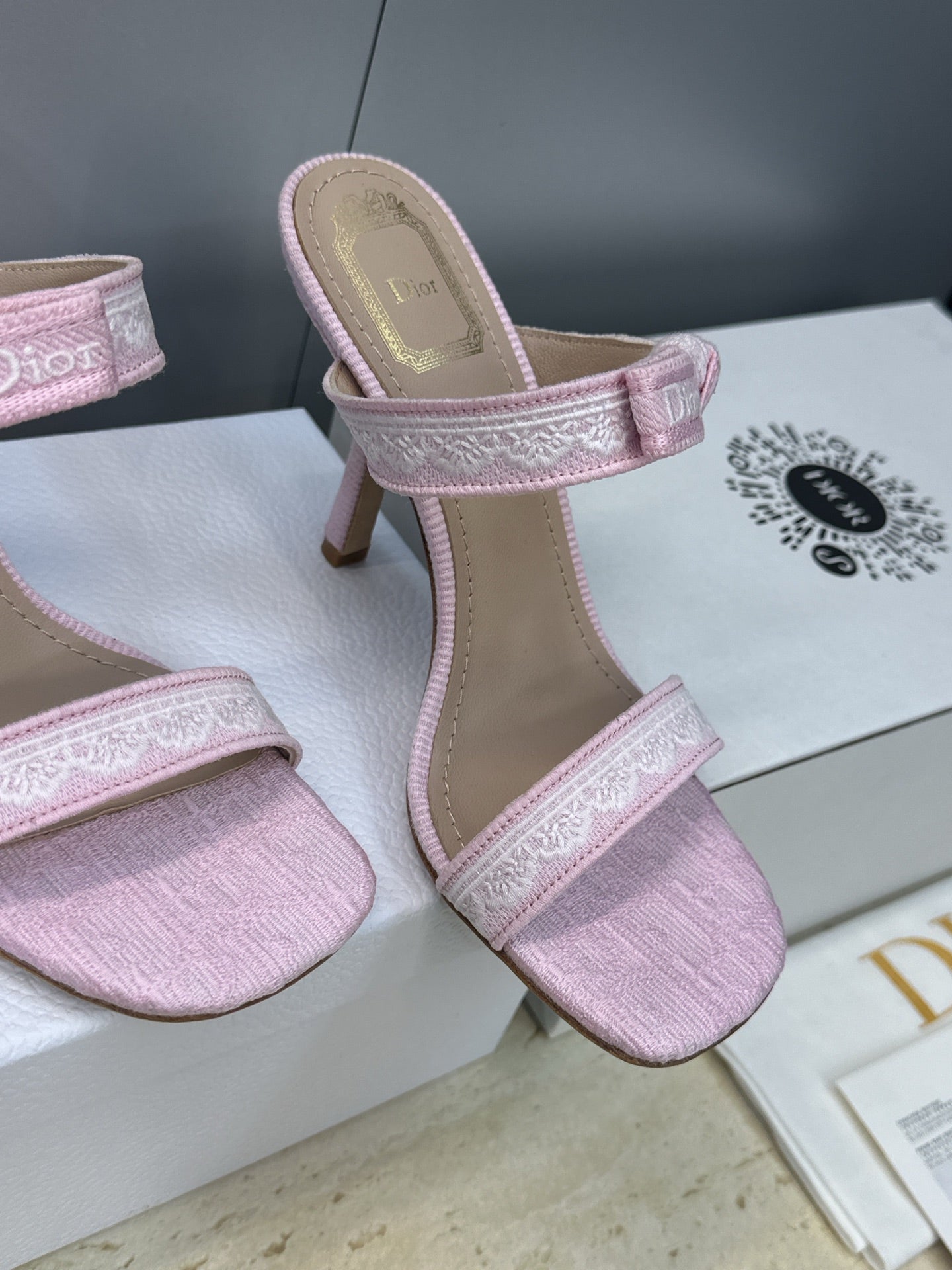 CD 26s Heeled Sandal 10cm Light Pink Beige Leather Fabric 633069