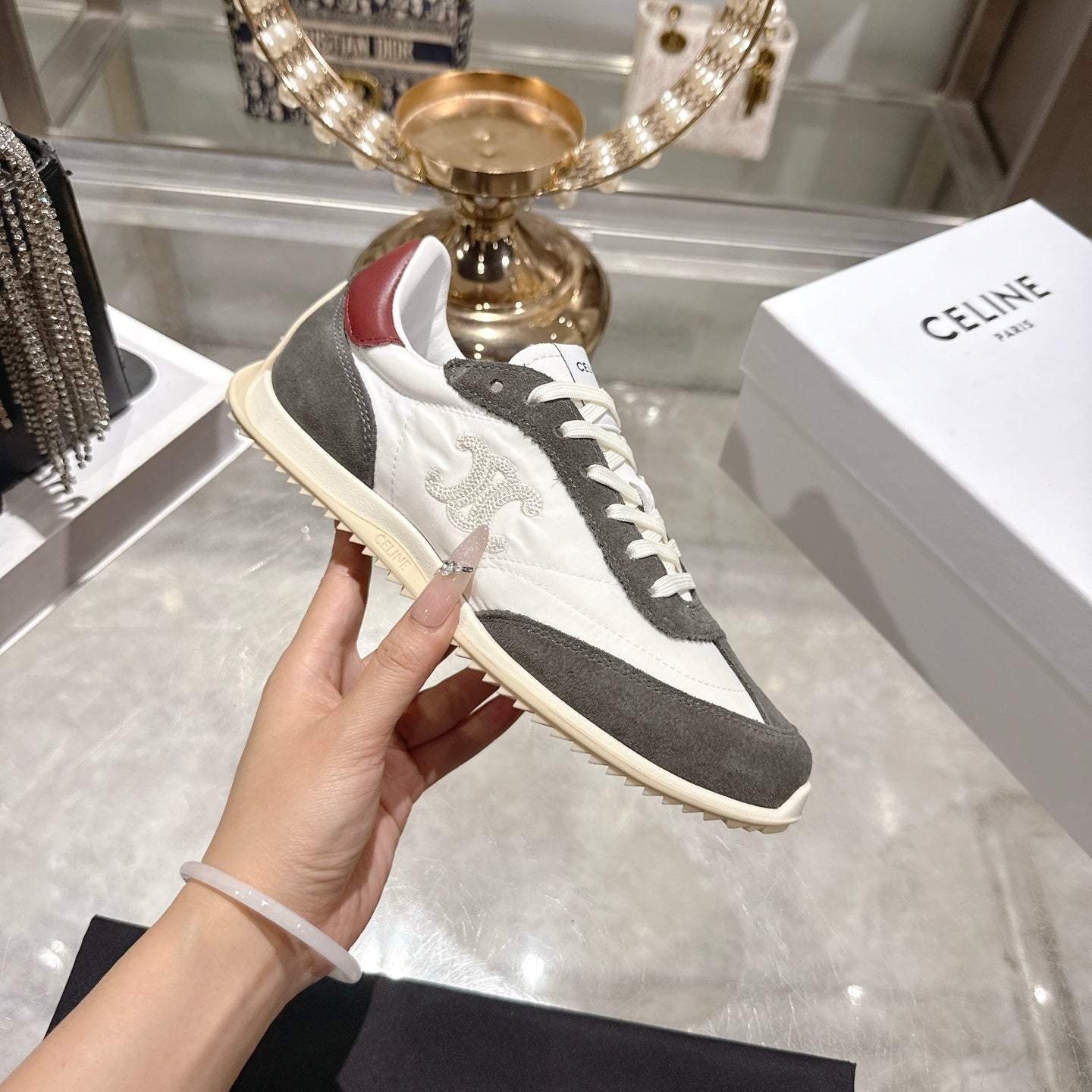 Celine Racer Sneaker Taupe White Suede Fabric 679822