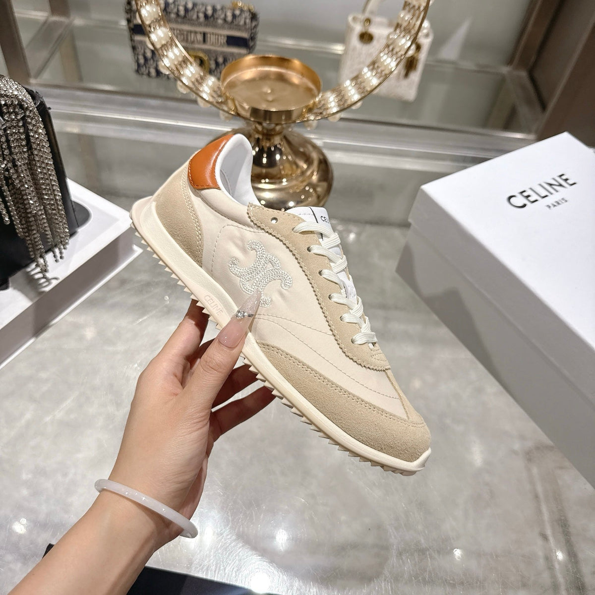 Celine Racer Sneaker Beige Suede Fabric 679818