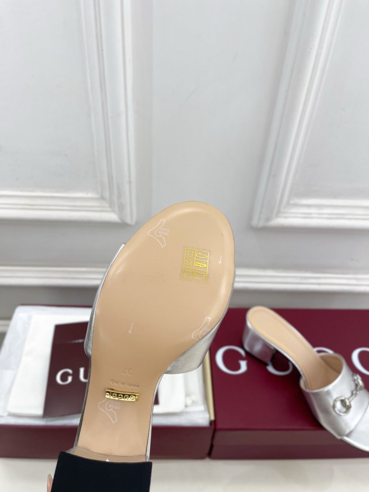 GG 26s Slide Sandal 5.5cm With Horsebit Sliver Leather 640296