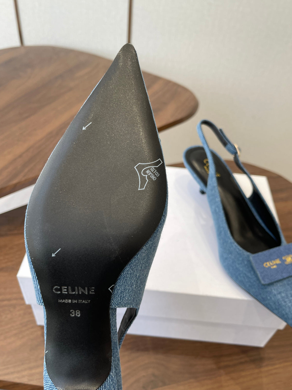 Celine 26 Pointed-Toe Slingback Blue Denim 624685