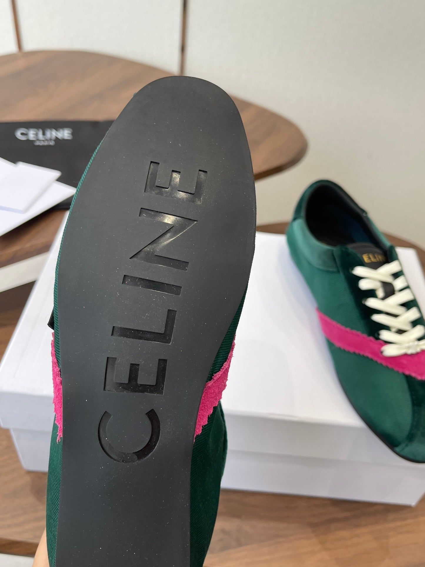 Celine 26 Flat Sneaker Dark Green Pink Canvas Suede 624715
