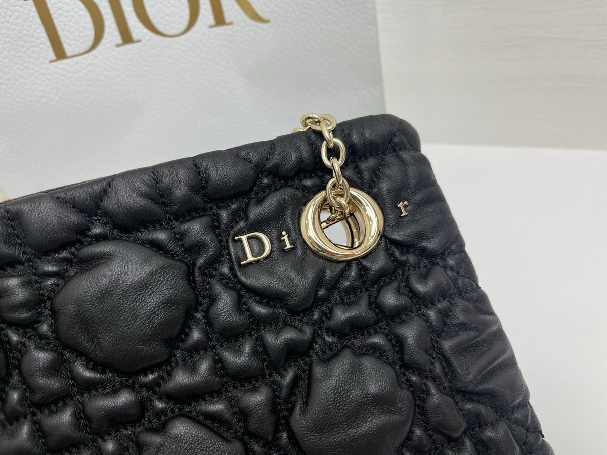 CD Small Cannage Quilted Tote Bag Black Cowhide 158103