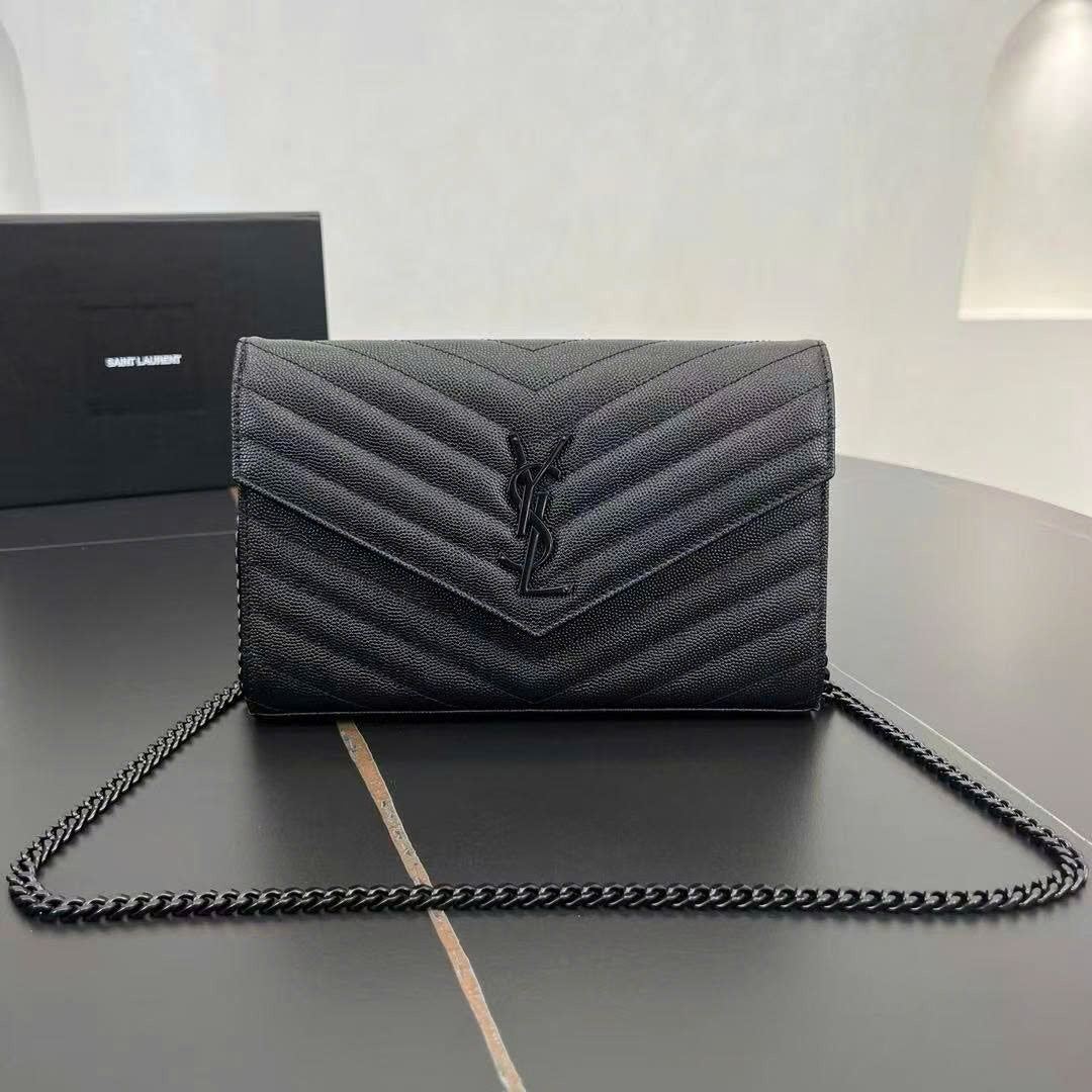 YSL Cassandre Envelope Wallet on Chain All Black Grained Calfskin