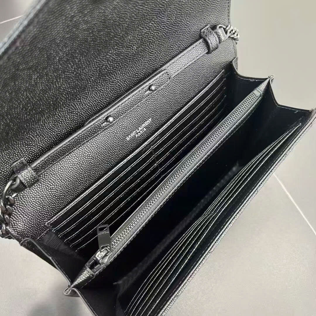 YSL Cassandre Envelope Wallet on Chain All Black Grained Calfskin