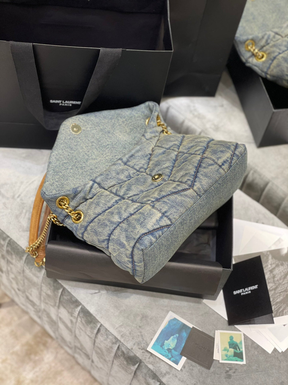 LOULOU PUFFER SMALL 29CM RODEO BLUE SUEDE DENIM