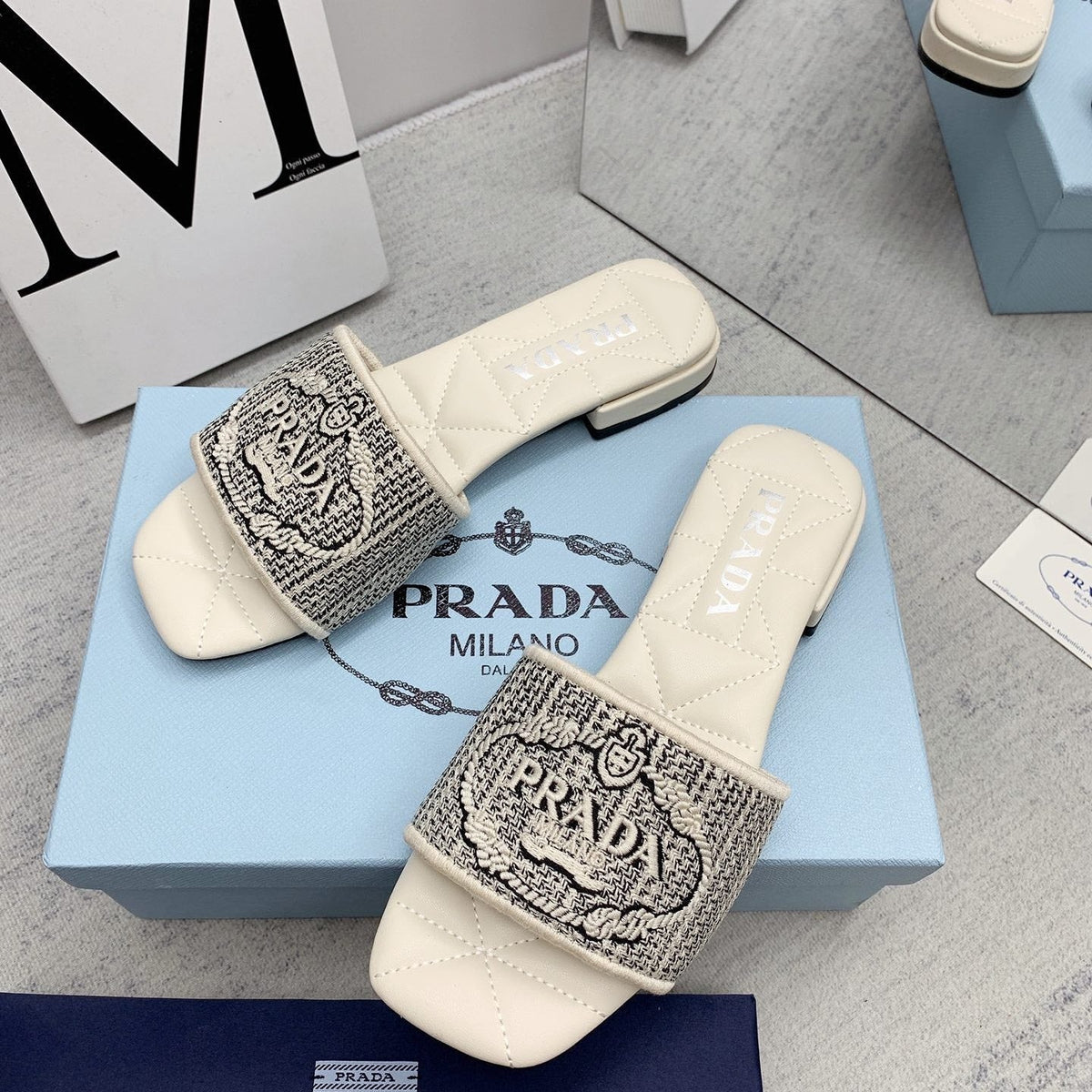 Prada 2026 Slippers Embroidery Canvas Sheepskin 731065