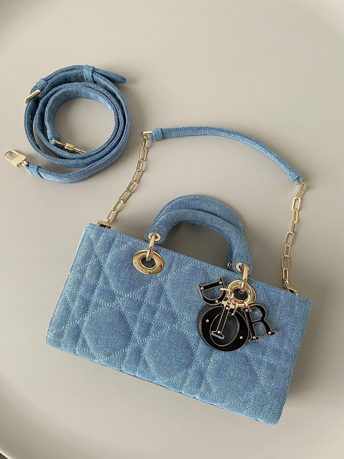 MEDIUM D-JOY BAG 26 IN LIGHT BLUE MACROCANNAGE DENIM
