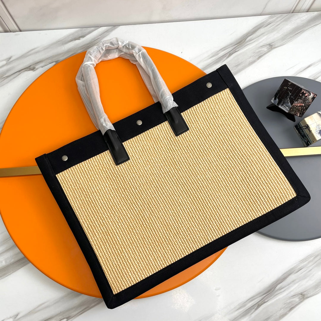 Rive Gauche Tote Black Beige Canvas Leather Trim 286021