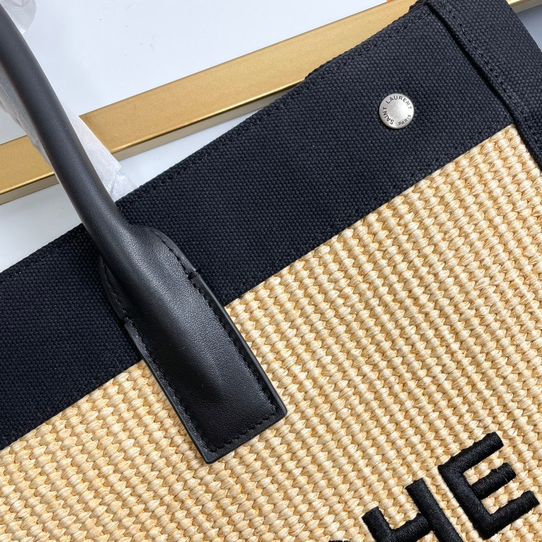 Rive Gauche Tote Black Beige Canvas Leather Trim 286021