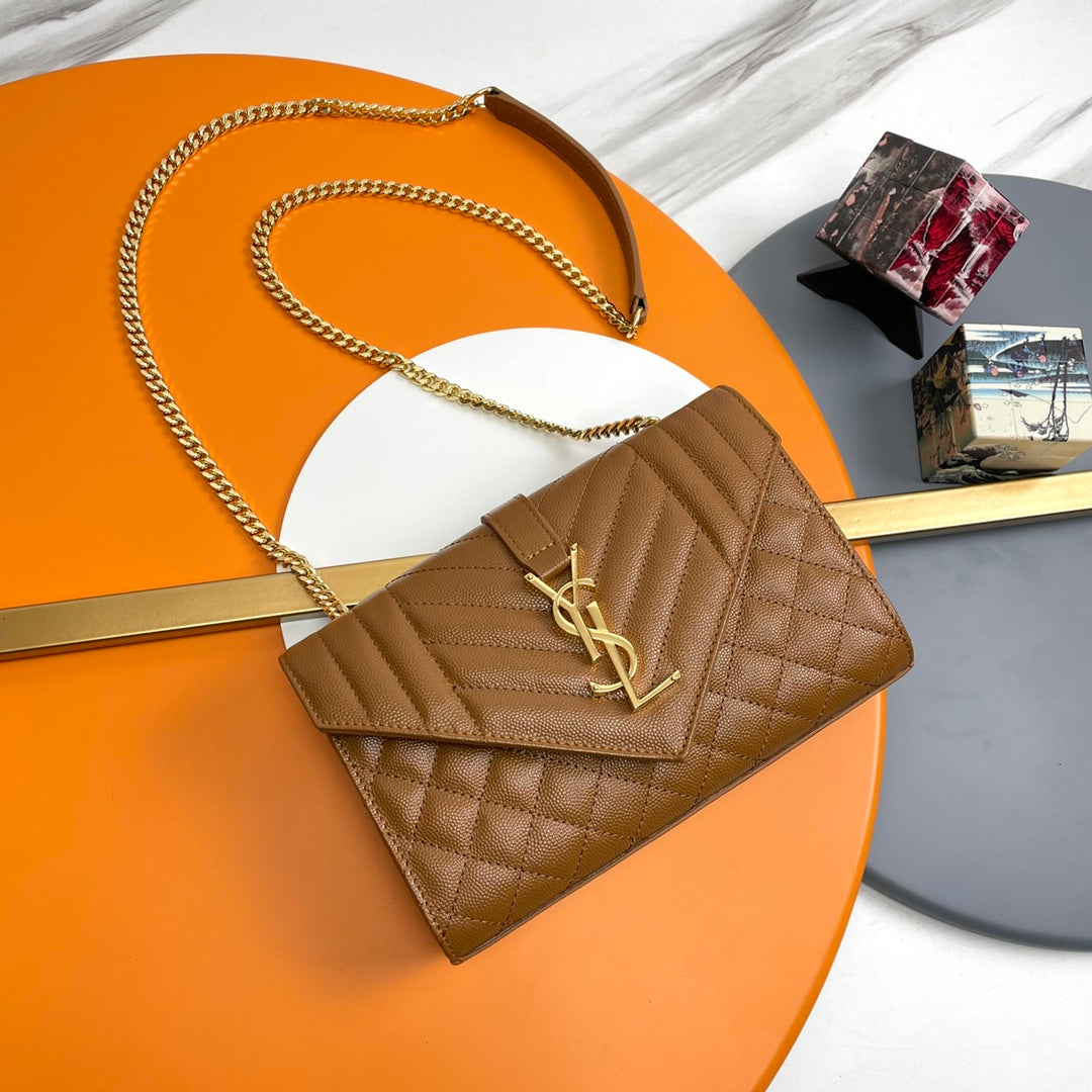 YSL Envelope Small Bag 21cm Brown Embossed Leather 285998
