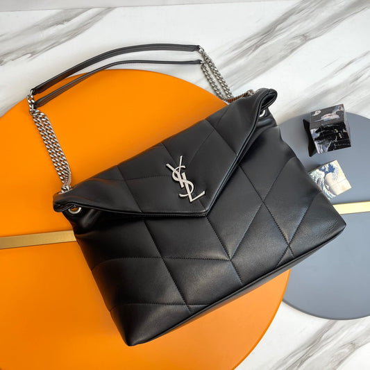 YSL Loulou Puffer Medium Bag 35cm Black Sliver Glossy Leather