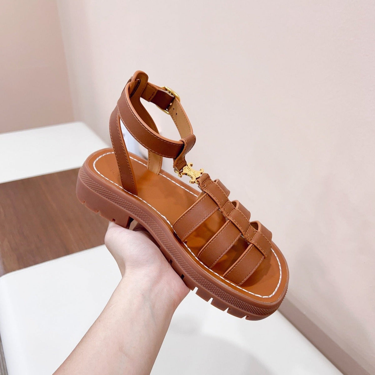LYMPIA GLADIATOR SANDAL IN CALFSKIN TAN