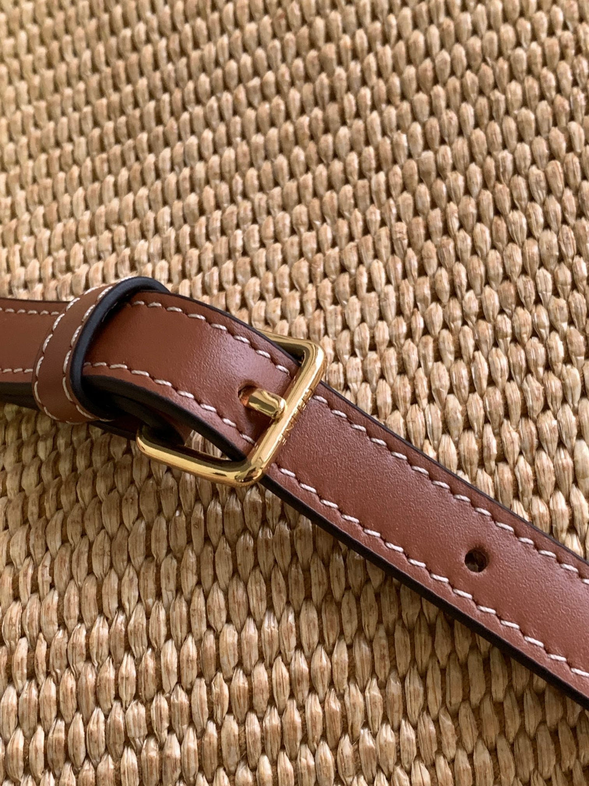 SMALL BUCKET CUIR TRIOMPHE 22CM IN STRIPED TEXTILE AND TAN CALFSKIN