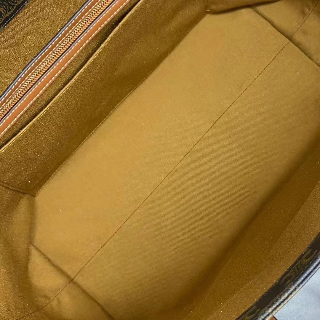 Celine Cabas Drawstring  Bag Triomphe Black Brown Canvas & Calfskin