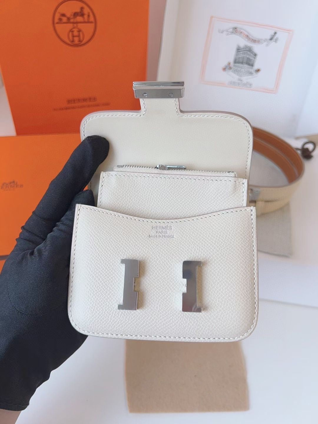 hm kelly belt 18mm with constance slim white epsom silver hardware