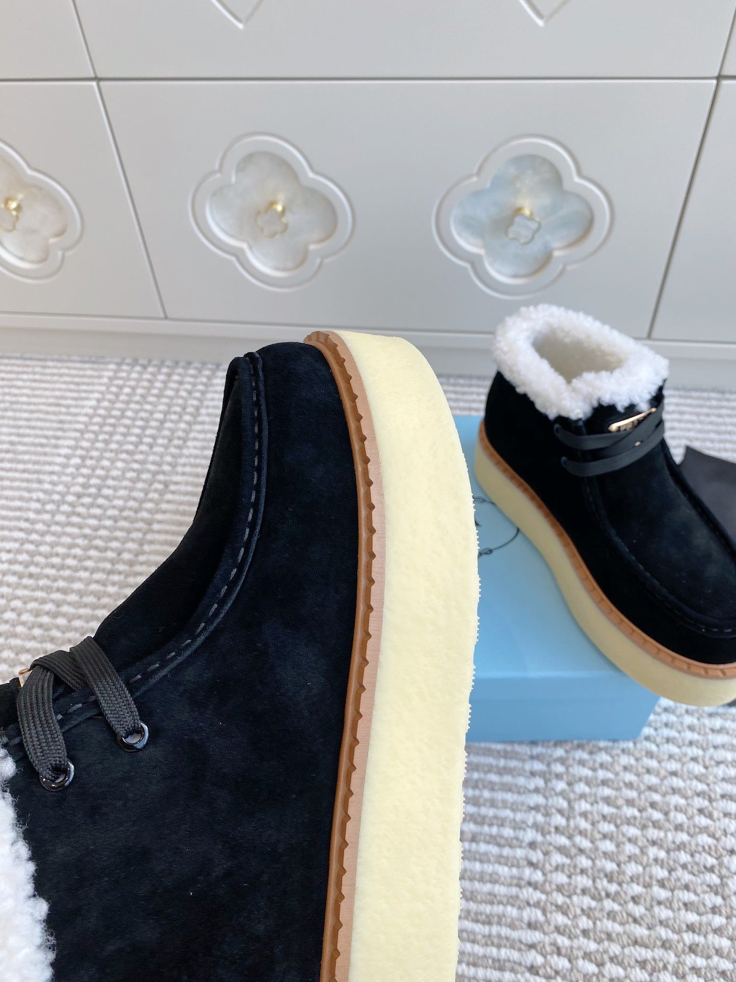 Prada Chukka Boots Black Suede White Shearing 564160