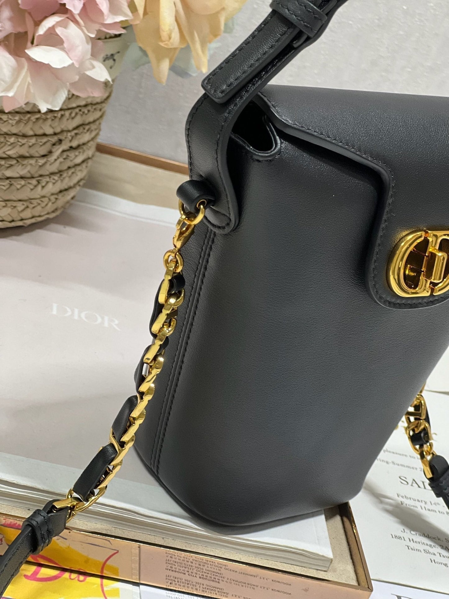 CD Montaigne Large Chain Bucket Bag Black Calfskin 336800